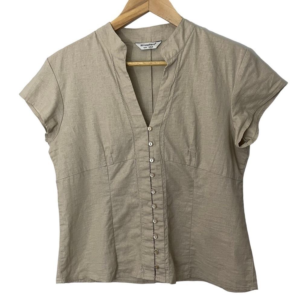 Atmosphere Button Front Crop Shirt Sz 12 Beige Linen Cotton Cap Sleeve Top